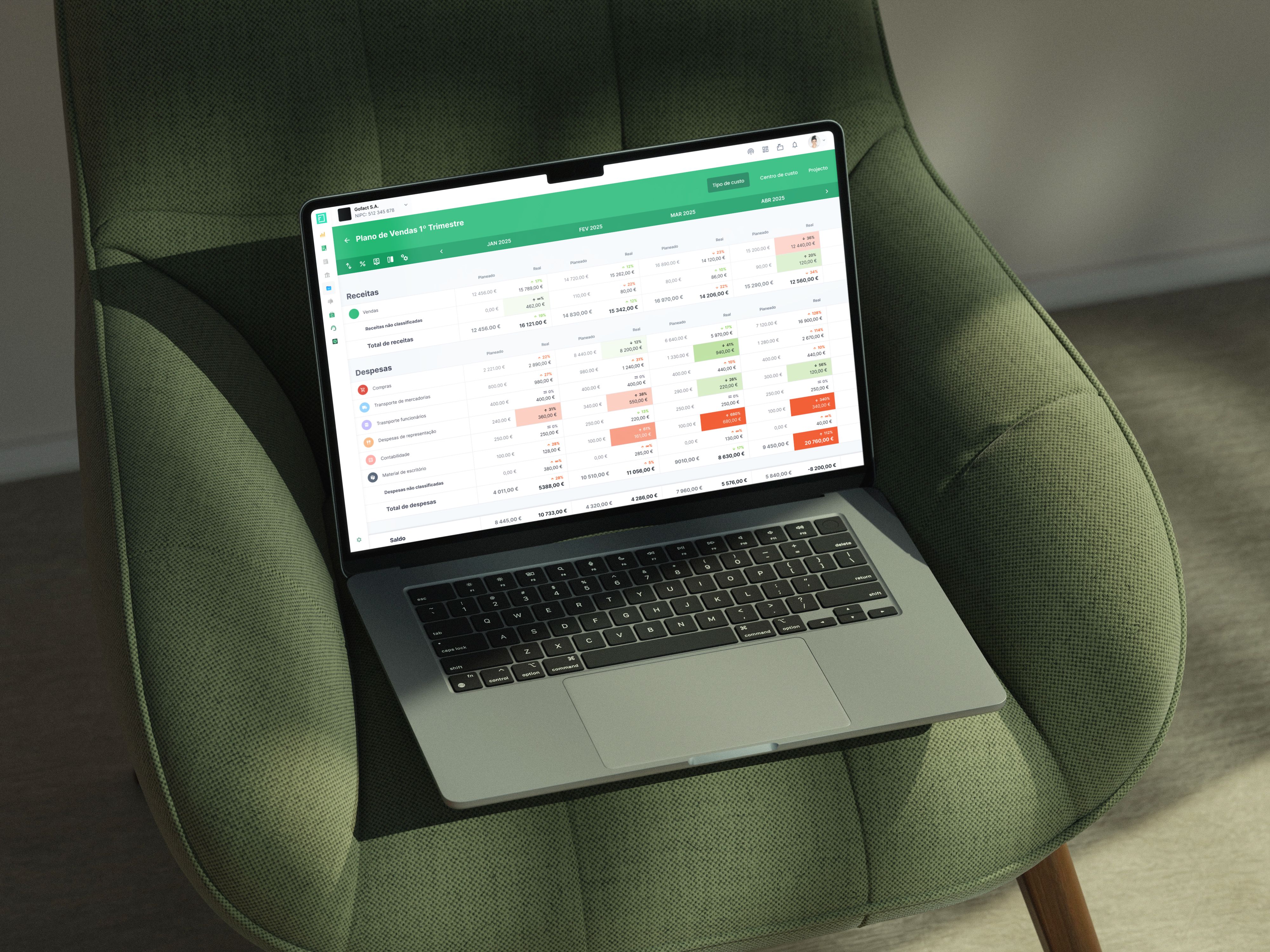 Portátil con el plan de ventas trimestral en representación gráfica