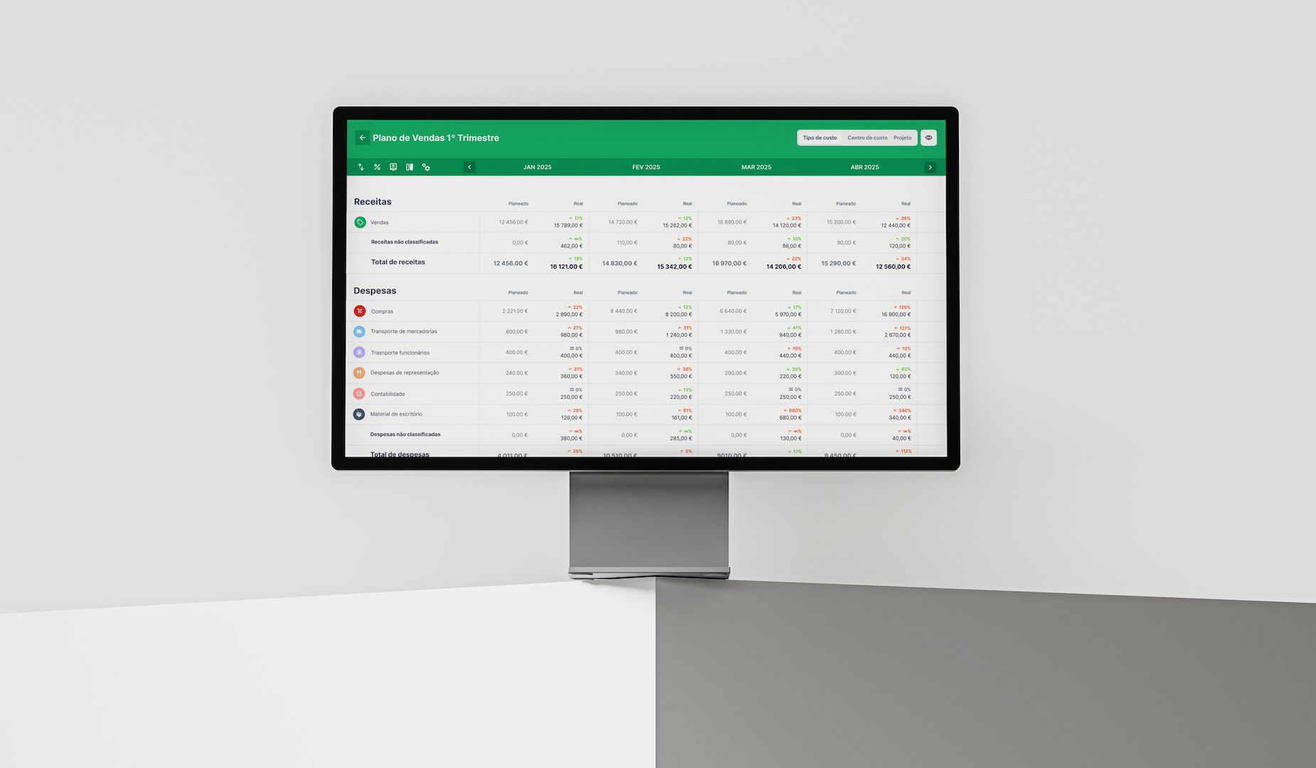 Plan de ventas trimestral con valores planificados y reales