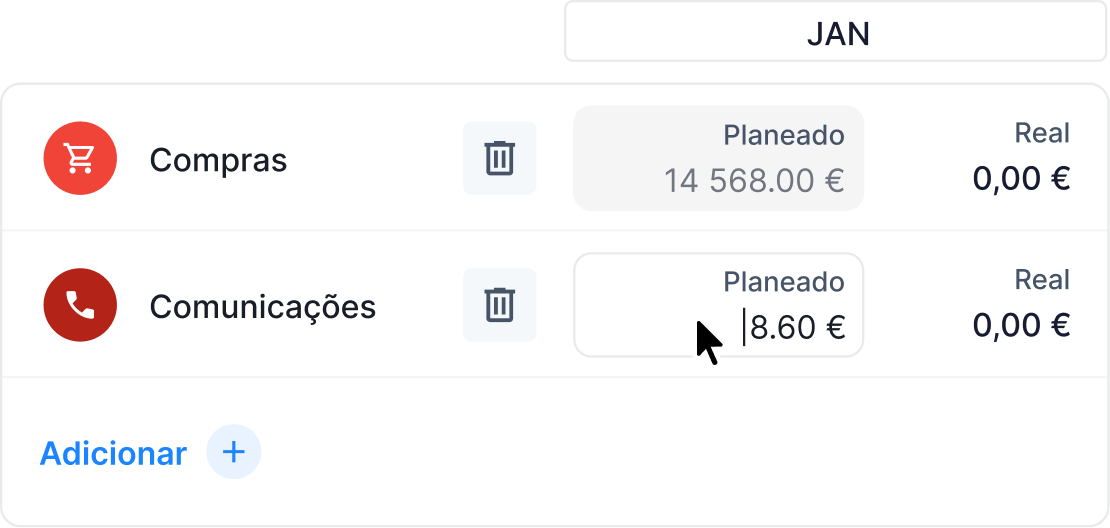 Líneas de presupuesto por categoría con valores planificados y reales
